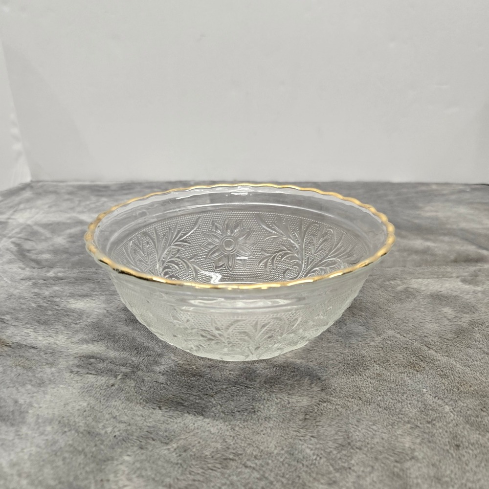 Vintage Clear Pressed Glass Floral Bowl Scalloped Gold Trim Rim Embossed Pattern